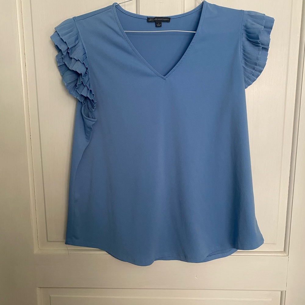 Adrianna Papell Sky Blue V-Neck Top with Pleated Flutter Sleeves